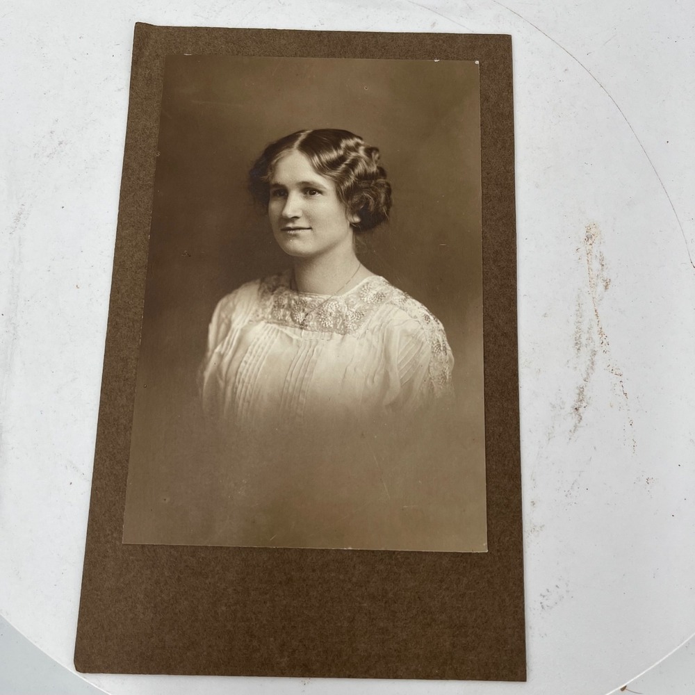 Antique 1910s 1920s Woman Studio Portrait Photo Sepia Edwardian Fashion 5x7